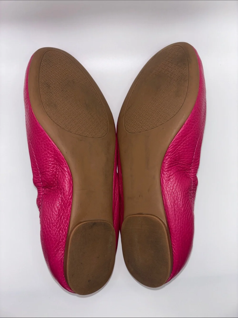 Tory Burch Hot Pink Leather Logo Ballet Flats with Gold Emblem